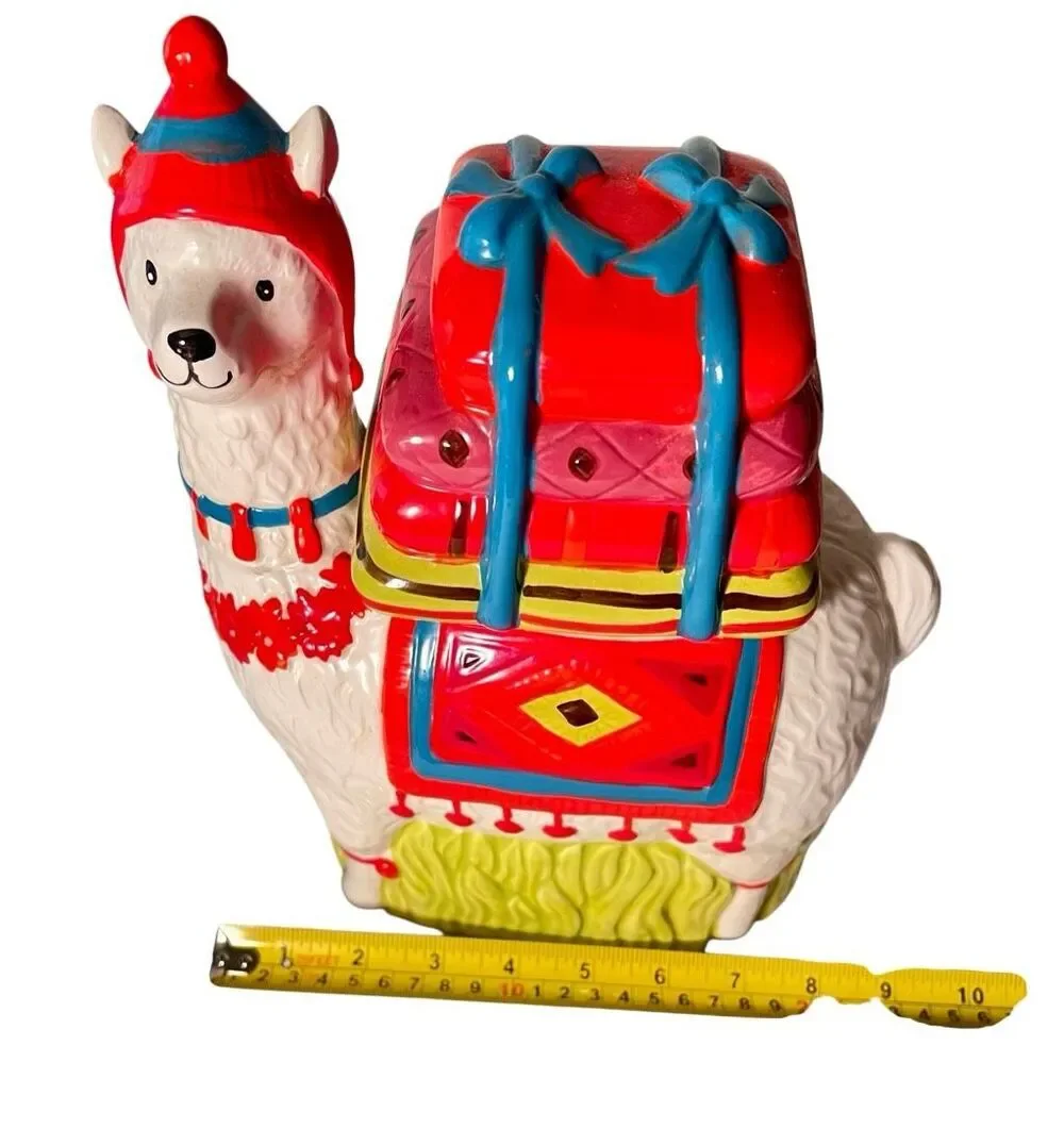 World Market Vibrant Llama Alpaca Cookie Jar Planter Carrying Presents 11” NWT